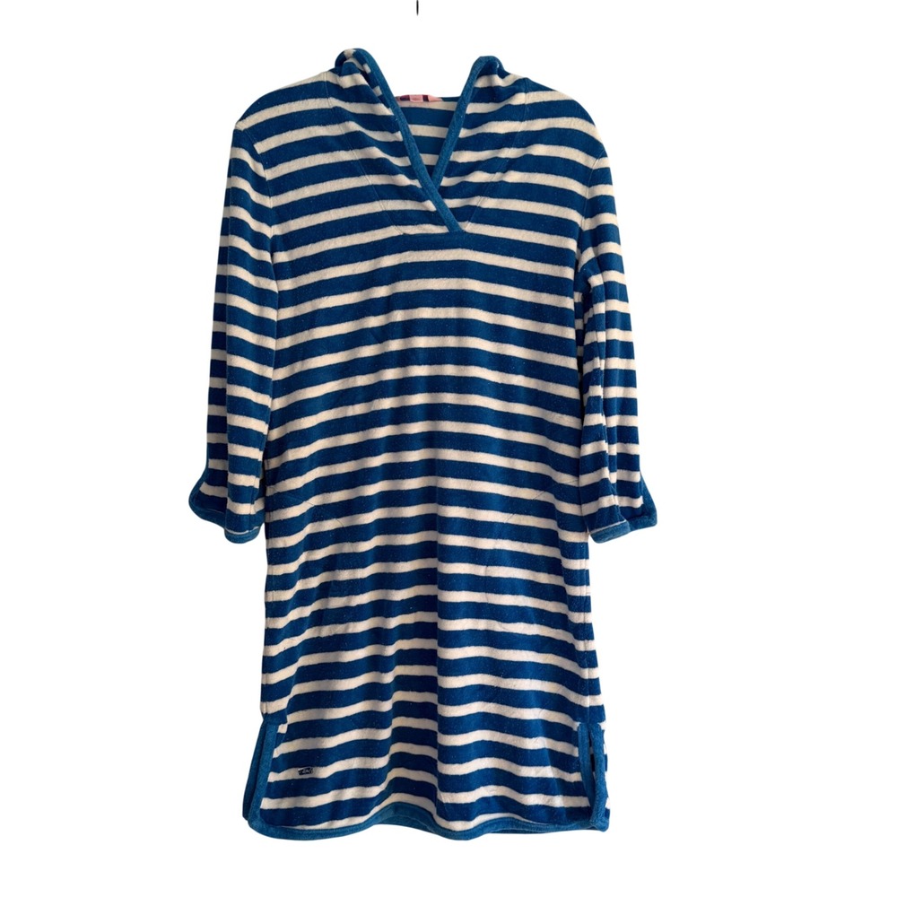 Lilly Pulitzer TerryCloth blue white stripe hooded dress swimsuit bikini coverup